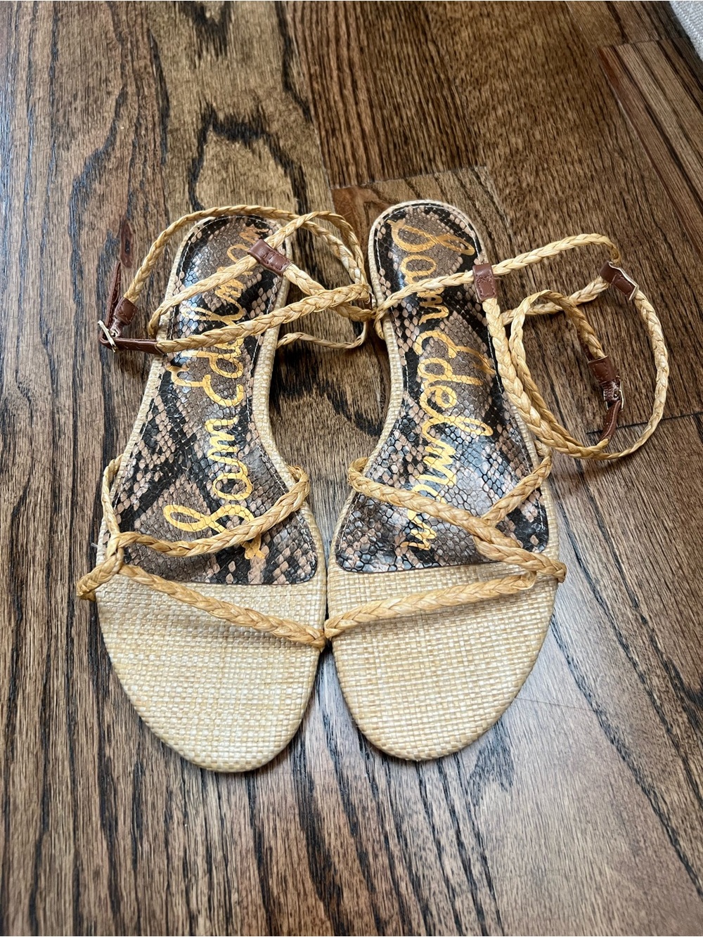 Sam Edelman Tan Braided Lace-Up Sandals with Snake-Print Insole
